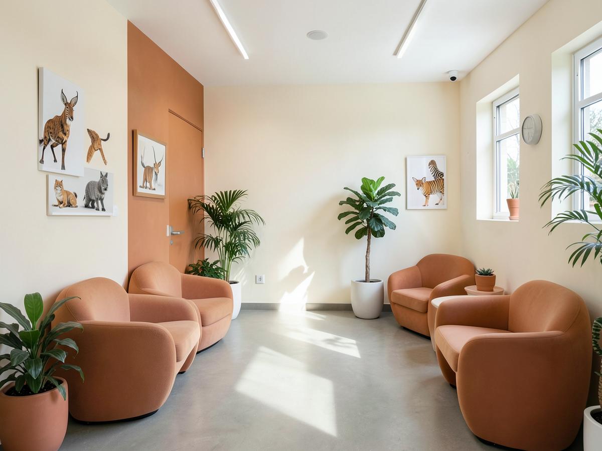 Modern veterinary clinic interior with warm waiting area