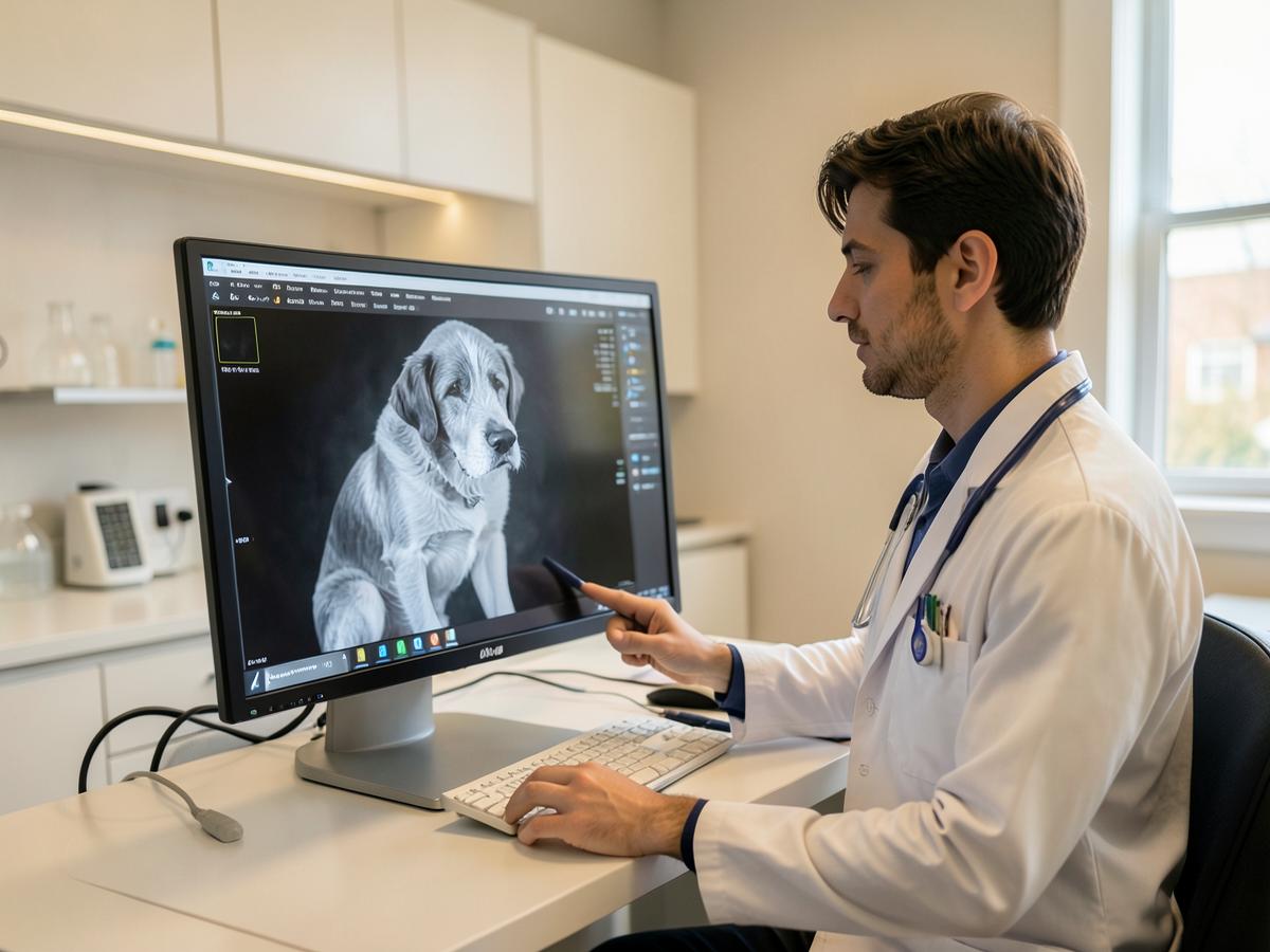 Veterinary team reviewing a dog x-ray on a diagnostic monitor