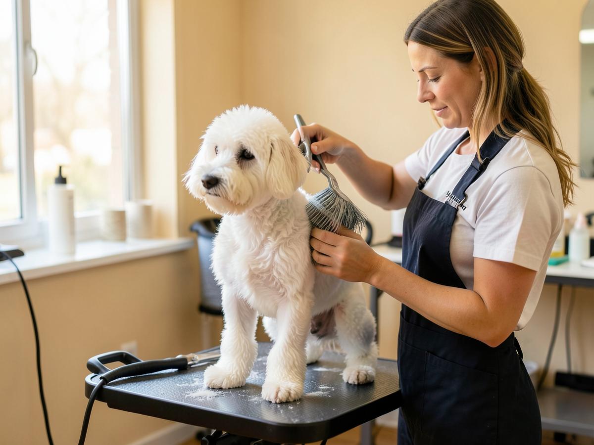 Professional pet grooming session with a small white dog