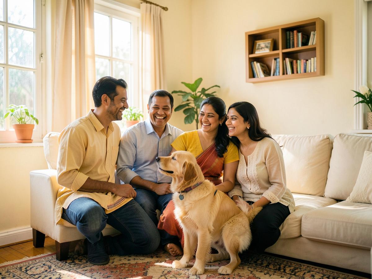 Pet parents at home with their golden retriever