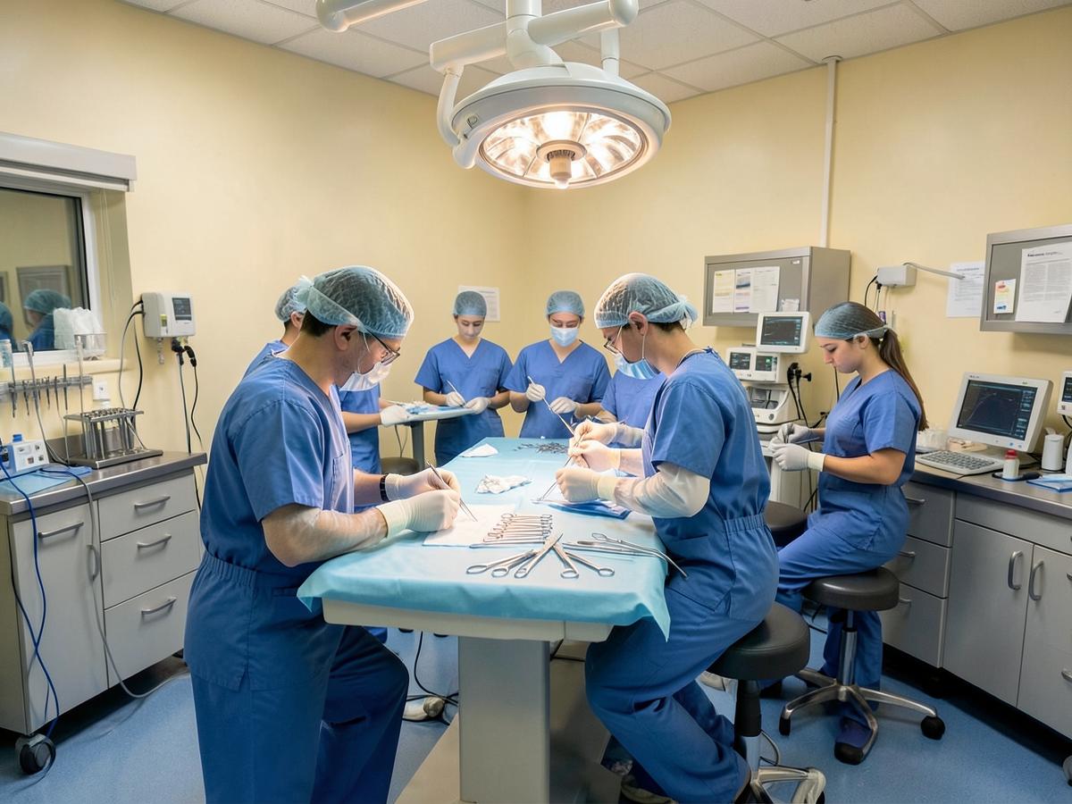 Veterinary surgical team preparing sterile instruments